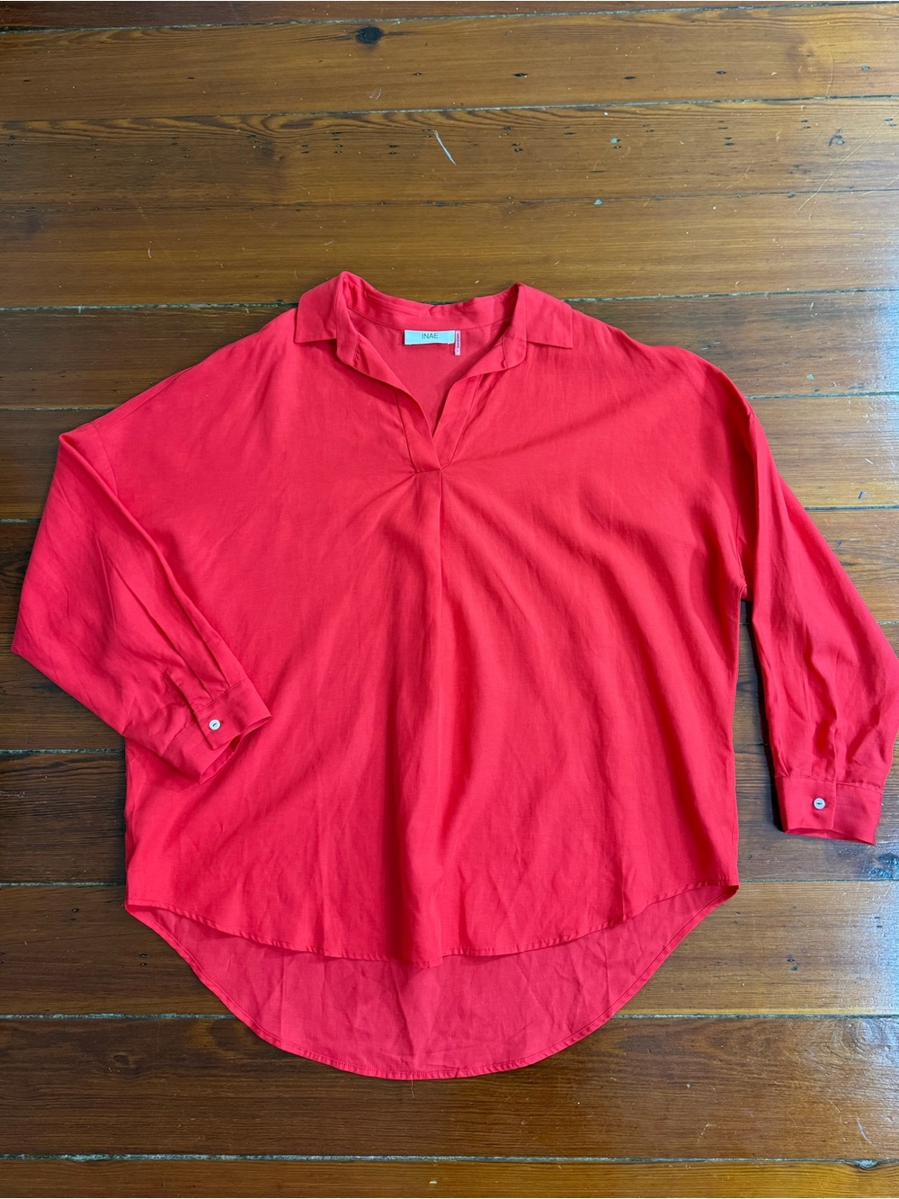 INAE Linen Blend Collared Tunic Blouse Relaxed Long Sleeve Sz L 💛🍄